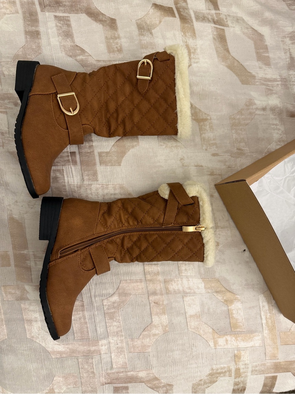Quilted Mid-Calf Faux-Fur Trim Winter Boots - Brown